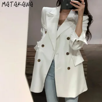 

MATAKAWA Slim Waist Thin Double Pocket Blazer Feminino Korean Autumn Elegant Lapel Long Blazer Double-breasted Womens Blazers