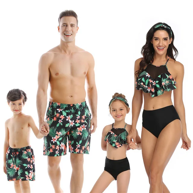 OwlFay Family Matching Swimwear Mommy Daddy and Me Leaves Print Swimsuit Bathing Suit
