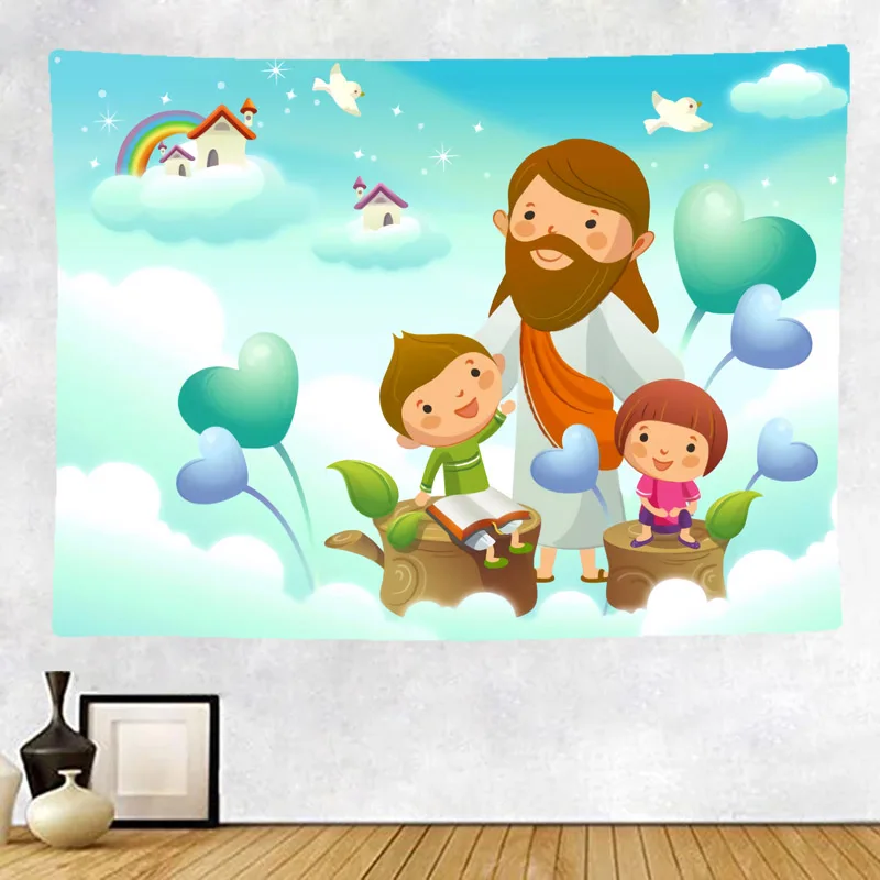 

Cute Cartoon Christian Jesus Tapestry Wall Hanging 200x150cm Decor Lovely Polyester Curtains Plus Long Table Cover