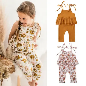 

0-24M Toddler Baby Girl Rompers Clothes Ruffle Sleeveless Belt Flowers Print Jumpsuit Outfit Summer