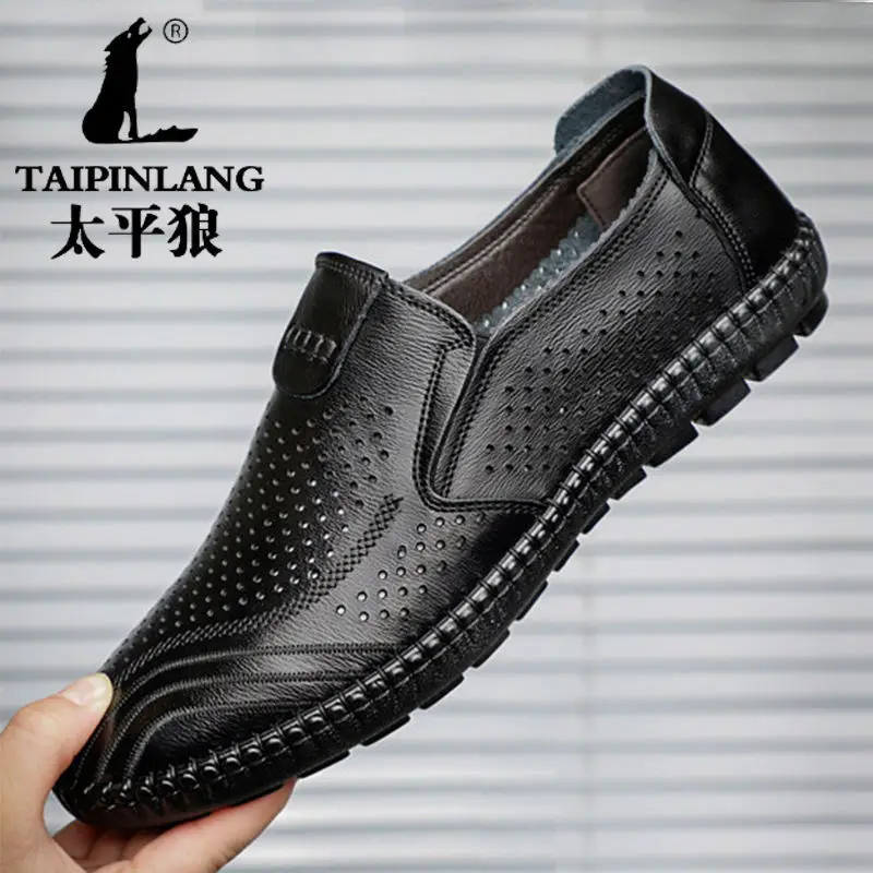 

Micro Sandals Men Business Formal Wear Hollow-out Leather Shoes Men Breathable Porous Sandals Soft Bottom Soft Leather