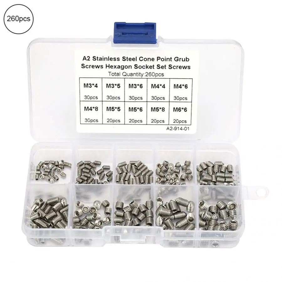 

Tornillos Para Madera 260pcs M3/4/5/6 Stainless Steel Hex Cup Point Socket Head Grub Screws Assortment Kit Screw Nut
