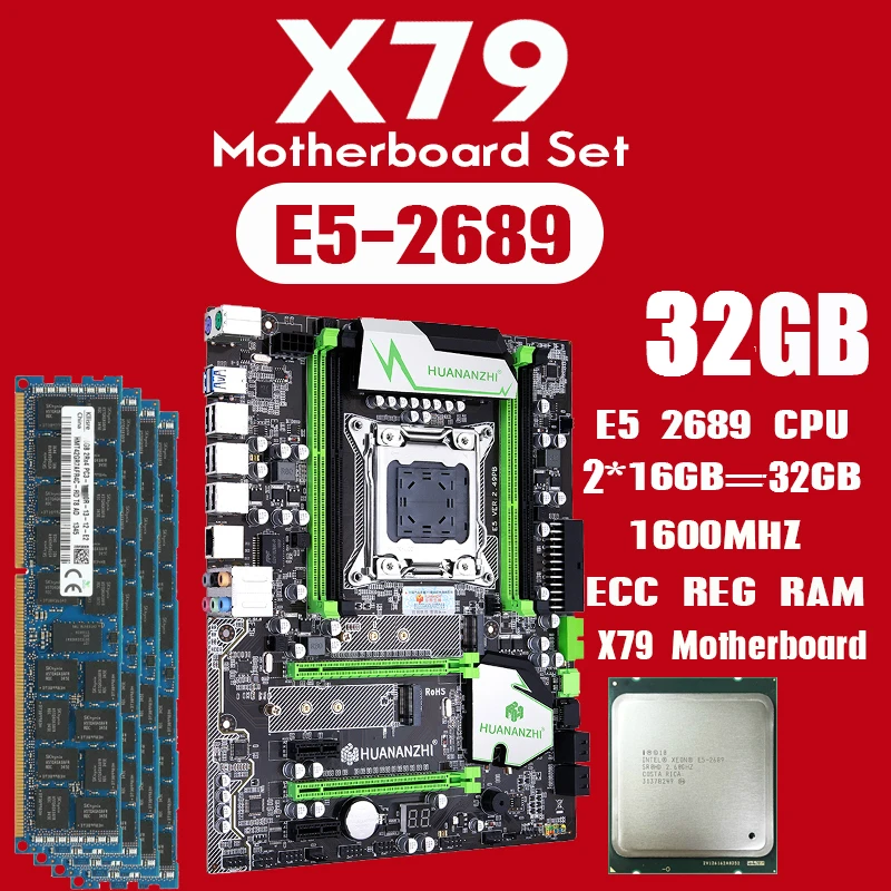 huananzhi X79 motherboard set with Xeon E5 2689 2x16GB=32GB 1600MHz DDR3 ECC REG memory USB3.0 SATA3 PCI-E NVME M.2 SSD