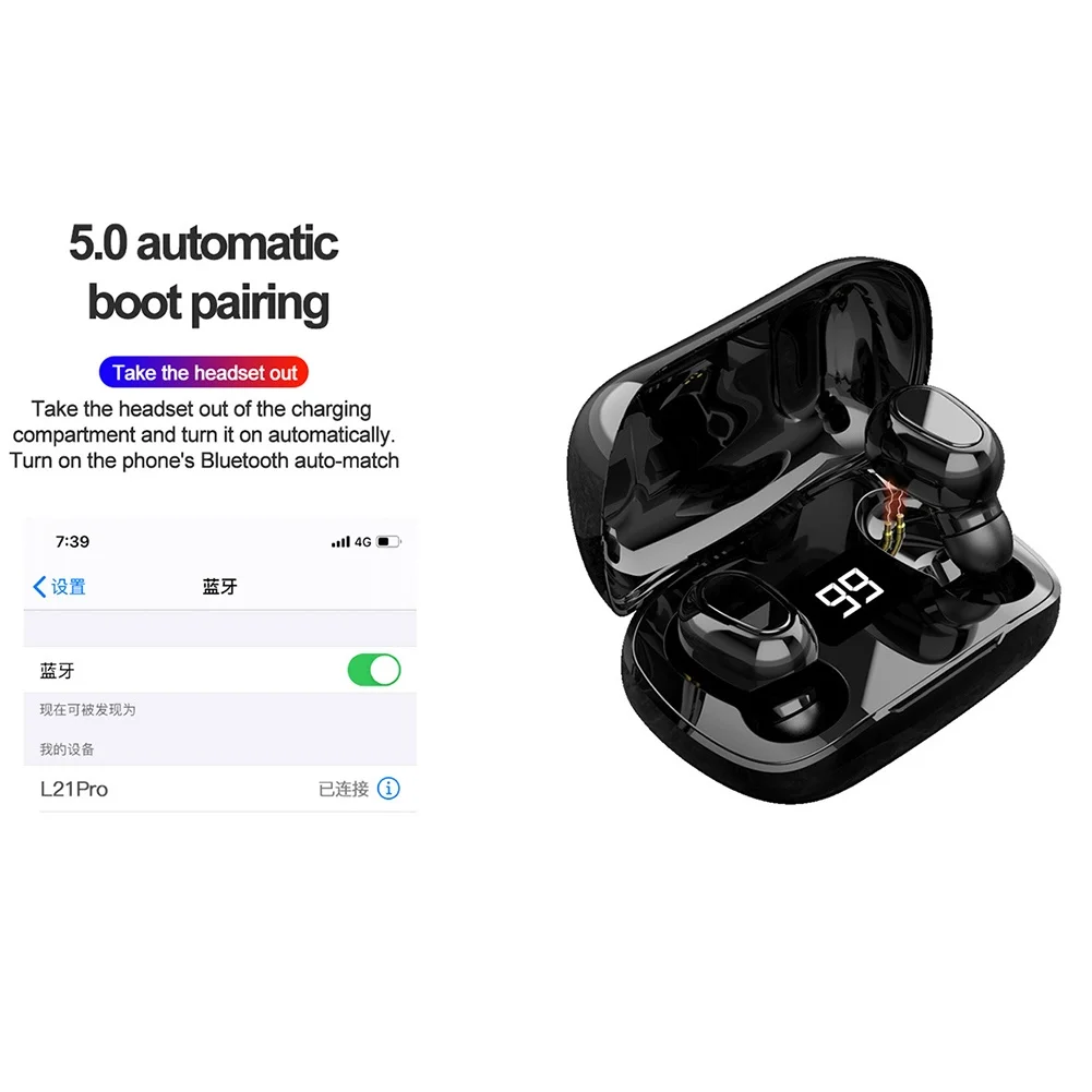 L21 Pro Bluetooth Earphones tws for iPhone HiFi Stereo Wireless Bluetooth Headset Sports Earphone for Xiaomi Samsung Smartphone