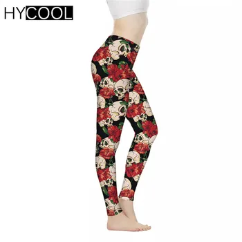 

HYCOOL Fashion Hot Women Sports Leggings Sugar Skull With Rose Floral Printed Lady Elastic Soft Gothic Style Gym Push Up Pants