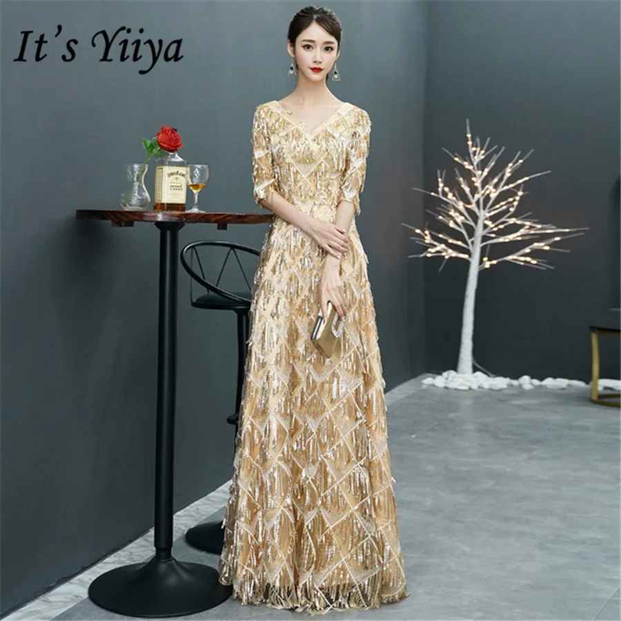 

It's Yiiya Evening Dresses Long V-neck Half Sleeve Formal Dress For Women Plus Size Sequins Tassel robe de soiree 2020 E1303