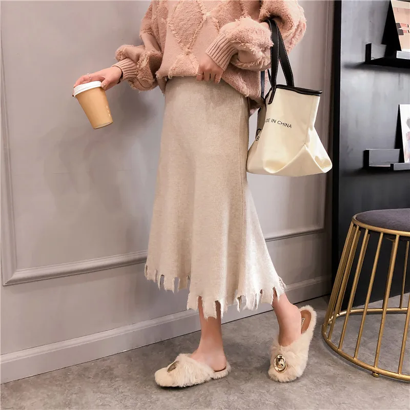 

Female 2019 autumn and winter new Korean version was thin and long section over the knee high waist knitted wool skirt