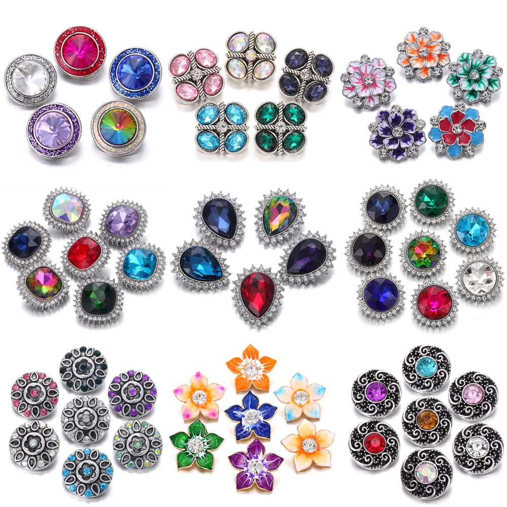 6pcs/lot New Snap Jewelry Bracelets Charms Mixed Round Flower 18mm Metal Snap Buttons Fit