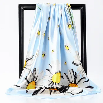 

90*90cm New Daisy Twill Square Silk Scarves Black Beach Scarves Wraps China Fashion Neck Satin Scarves Black,Pink Blue