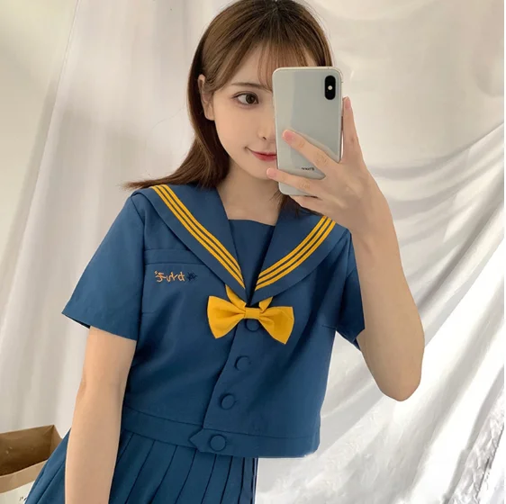 

Orthodox Puko JK Uniform Sea Blue Sailor Suit Japanese Soft Girl School Uniform Class Service College Suit Short Sleeve Summer