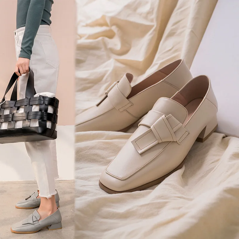 

2019 Spring Leather Shoes Women's Cowhide Square Head Chunky-Heel Low Heel Double Purpose Slipper Europe And America Loafers Sli