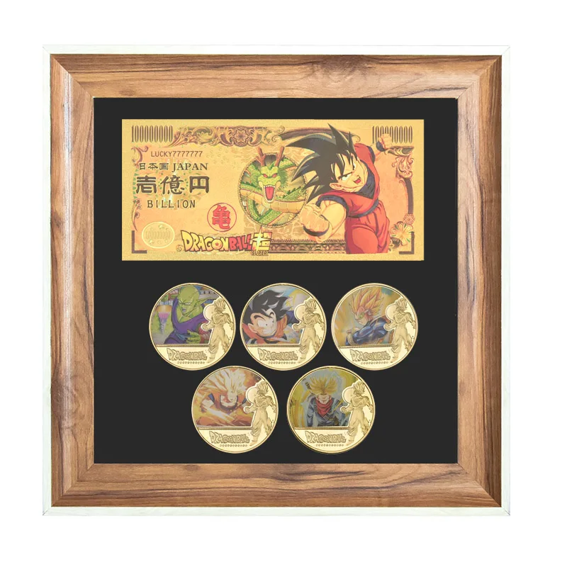 5PCS Gold Coins Set Banknote with Wood Frame Case Japanese Challenge Coins Dragon Ball Anime Coins Collectibles Giift for Men