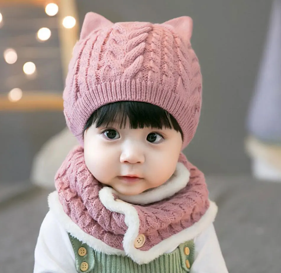 Winter Baby Girl Hat And Scarf Set For Children Boys Kids Thick Cable Knit Ear Beanie Cap Button Scarves Warm Wear 2 Pcs Suit