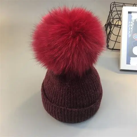 Wine Cap Новая теплая зимняя шапка с помпоном для маленьких девочек, шарф, комплект, натуральный шарик из меха лисы, теплые вязаные шапки для мамы и ребенка, шапочка для родителей и ребенка - Цвет: Wine Cap