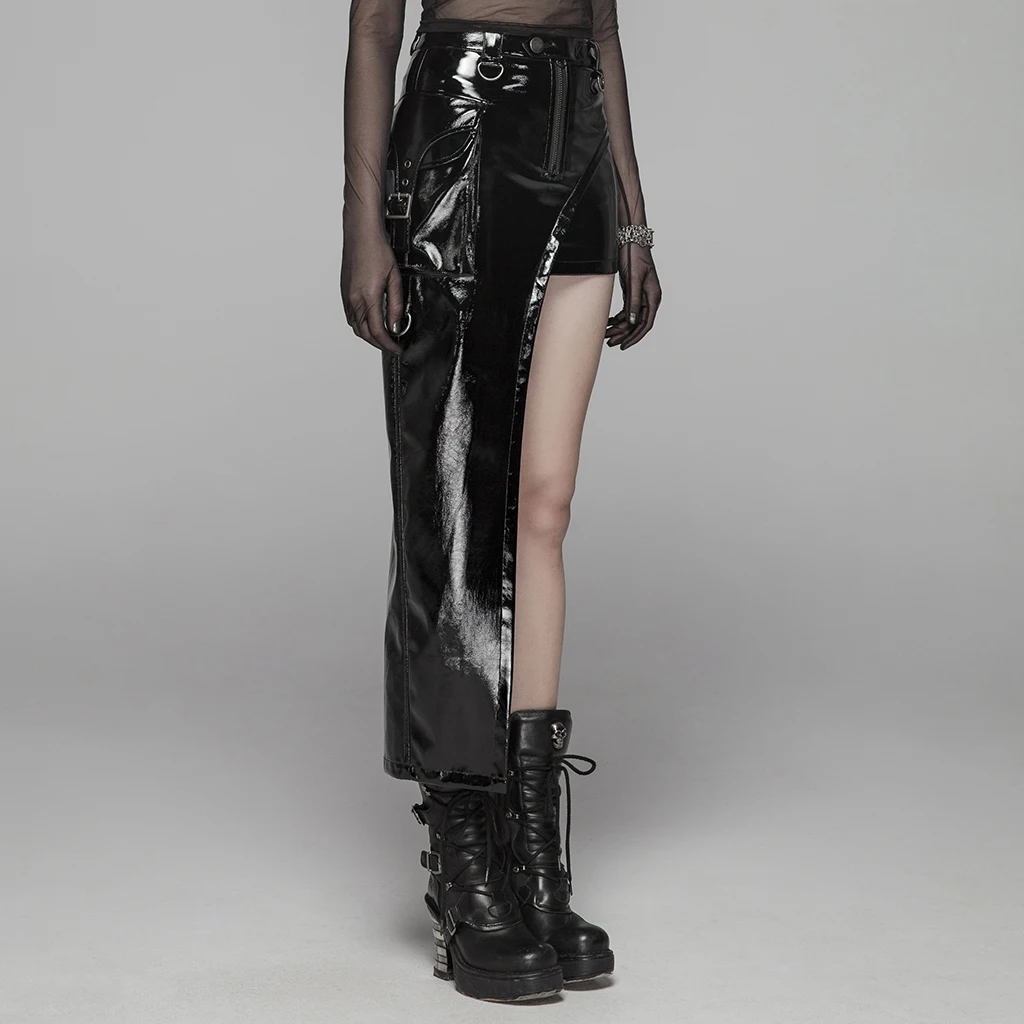 PUNK RACE Women Punk Asymmetric Skirt Bright PU Slim Fit Metal Zipper Personality Handsome Short Skirt