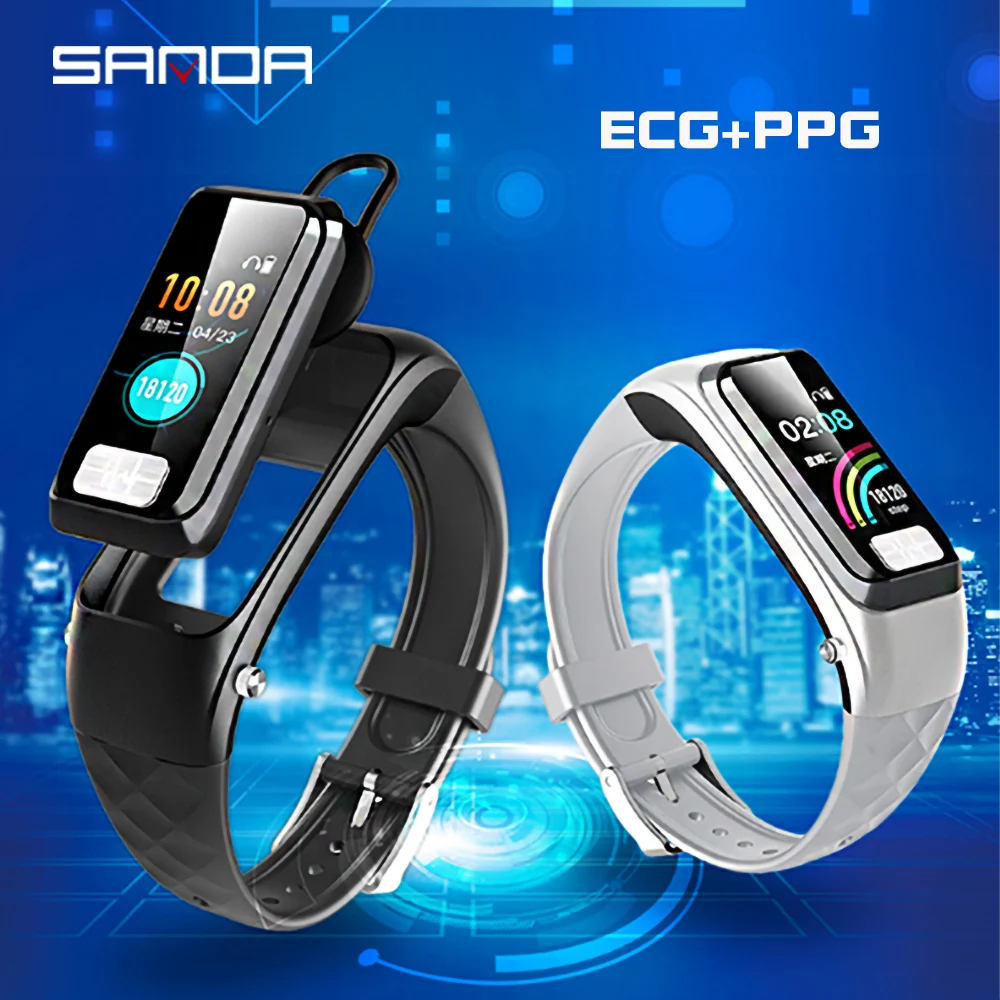 SANDA 2 в 1 Bluetooth гарнитура умные часы ЭКГ + PPG беспроводные наушники измерение