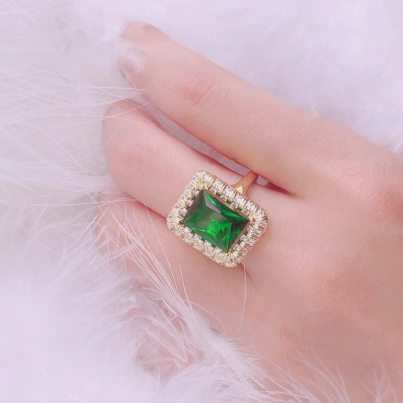 

New 925 silver natural emerald ring female models European and American fashion square gemstone female ring personalized