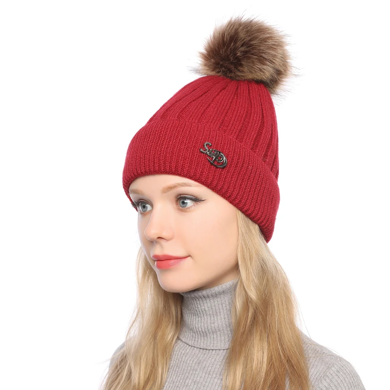 

Women's Winter big wool ball knitted hat labeling letters plush and thicker warm wool cap outdoor cap