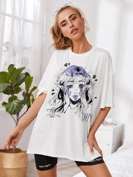 Women Casual Tshirt White Cartoon Funny Girl Printed Streetwear Female Tops Tee Short Sleeve Fashion