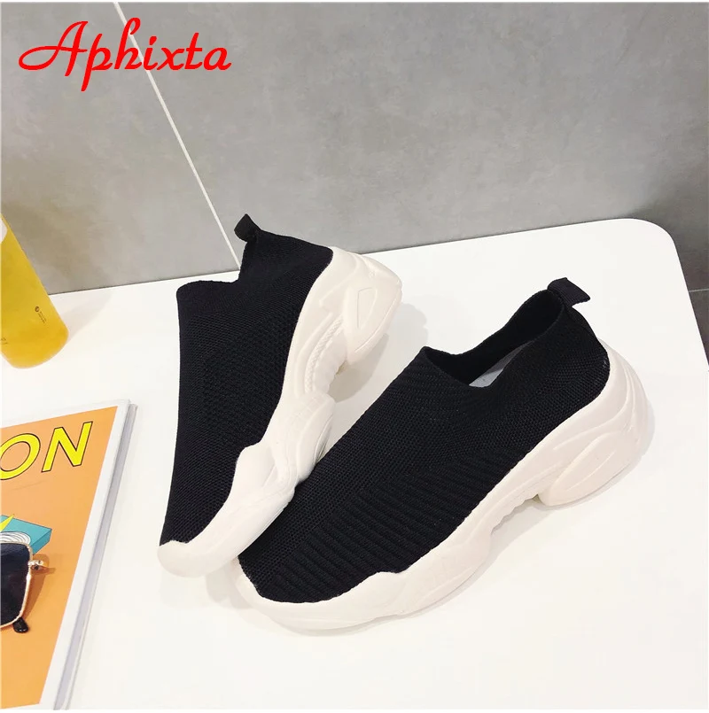 Aphixta/вязаные носки; женские кроссовки из эластичной ткани; женская обувь; дышащие мягкие туфли на плоской подошве; большие размеры 43