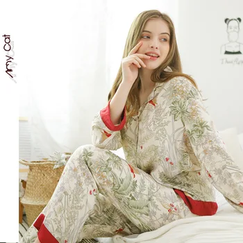 

Viscose Pajamas Women Autumn Leisure Satin Grass Print Long-sleeved Lapel Pajamas Suit Cardigan Large Size Comfortable Home Wear