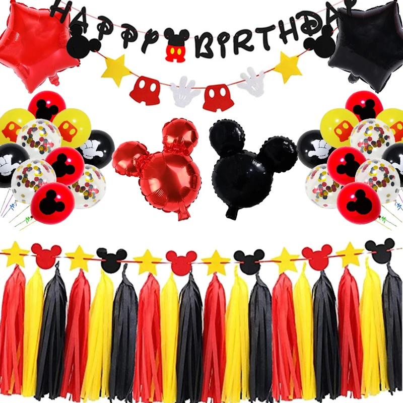 

Набор украшений для дня рождения с Микки Маусом, баннер на день рождения, набор воздушных шаров для детей, одноразовая посуда