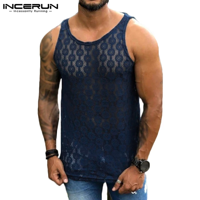 2021 Men Mesh Tank Tops See Through Summer Breathable Sexy O Neck Sleeveless Vests Party Vacation