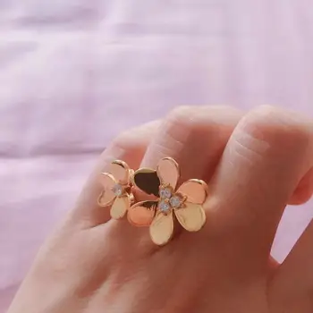 

fashion double flowers with cubic zircon in centre rose gold adjustable open ring for women