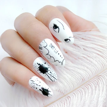 24Pcs Glossy Black and White Anime Short Stiletto Nails