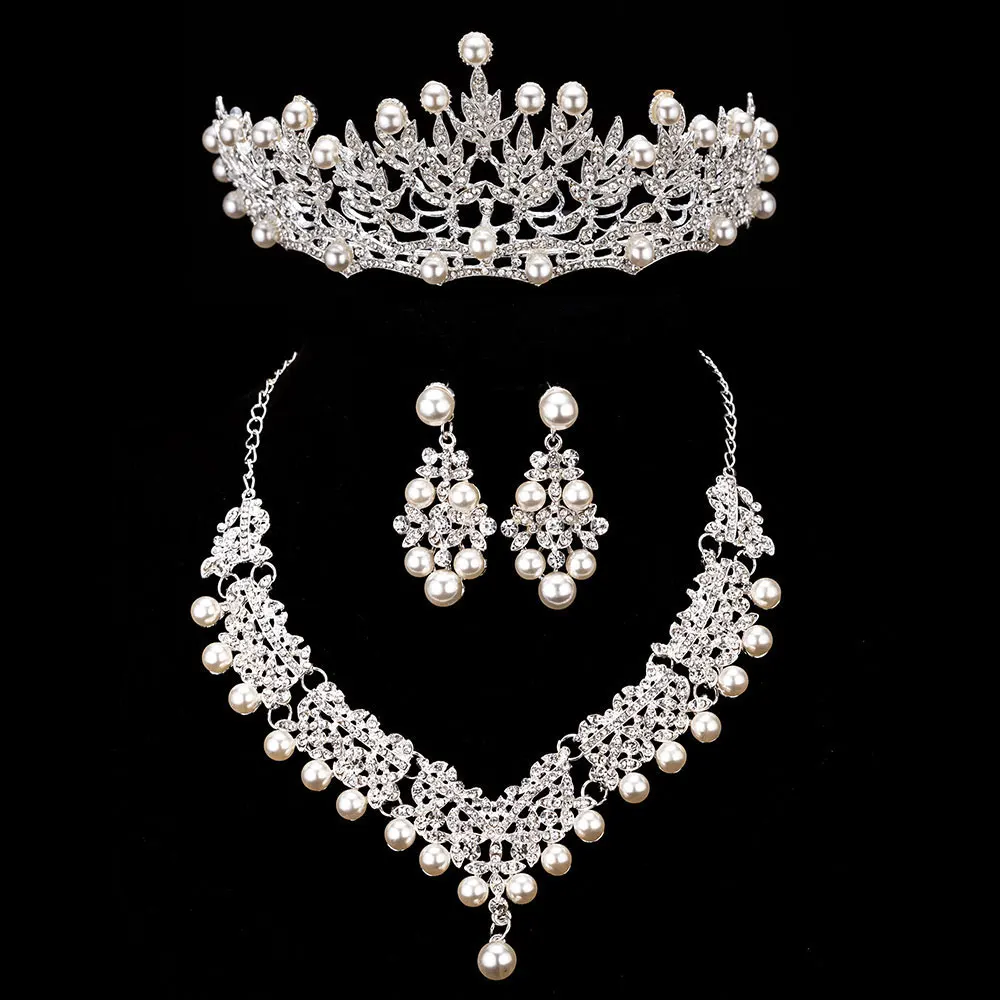 Jewelry Sets Bride Crystal Pearl Costume Jewelry Sets Necklace Earrings Tiara