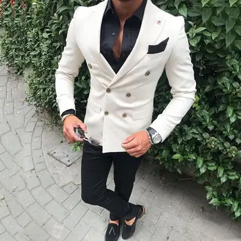 

Ivory Mens Suits Casual Business Slim Fit Wedding Tuxedos Double Breasted Groom Wear Bridegroom Costume Homme 2Pcs Jacket Pants
