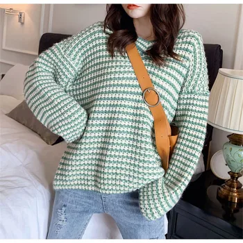 

XL-4XL Sexy Knit Sweater Women V Neck Loose Pullover Sweater Female Stylish Casual Long Sleeve Stripe Sweaters Ladies RM50003