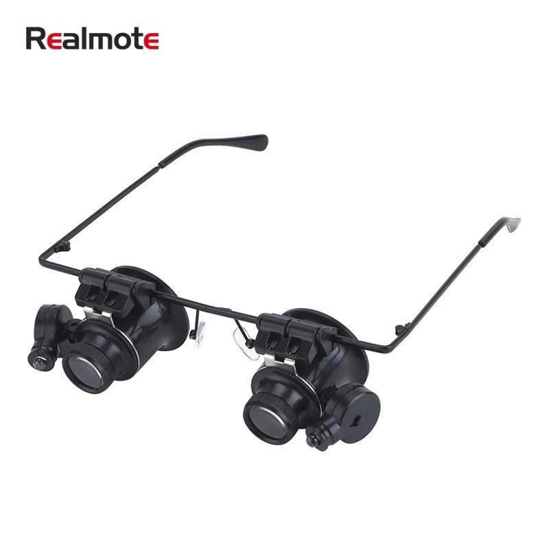 Realmote 20X LED Double Eye Repair Magnifier Glasses Mini Loupe Lens Magnifying With Light Watch Microscope Measurement Tools