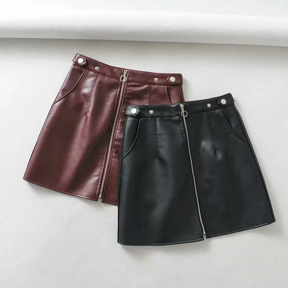 

2019 European and American style autumn and winter women's new wholesale high waist pocket zipper PU leather skirt high quality