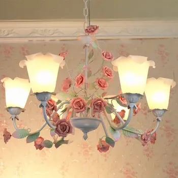

American Garden Countryside Style Living Room Korean Iron Pink Ceramic Rose Flower Pendant Light 110-240v hanging lamp
