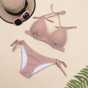 

Pink Striped Bikinis Lace Up Swimsuit Bikini Push Up Swimwear Women Halter Top Bathing Suit Women Tie Side Swim Suit Inner Wear