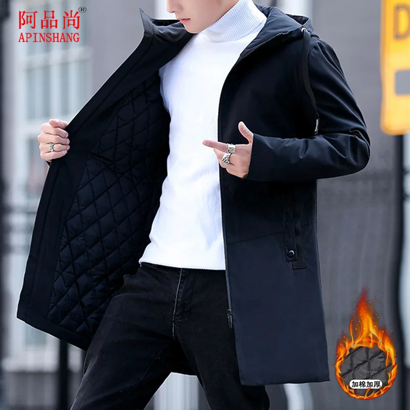 Зимняя куртка мужская с капюшоном большая парка Hombre длинная куртка пальто кашемировая Мужская ветровка Парка хлопковая молодежная одежда - Цвет: black C
