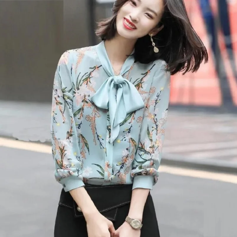 Basic Model Womens Chiffon Blouse Bow Tie Neck Tops Long Sleeve Casual Office Work T Shirts 