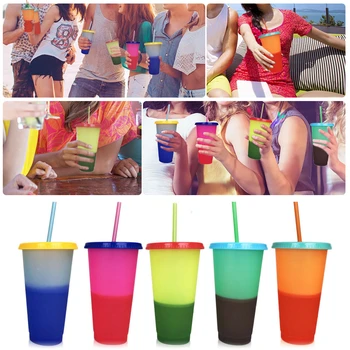 

5PCS Reusable Color Changing Cold Cups Summer Magic Plastic Coffee Mugs Water Bottles With Straws Set For Family Friends Cup