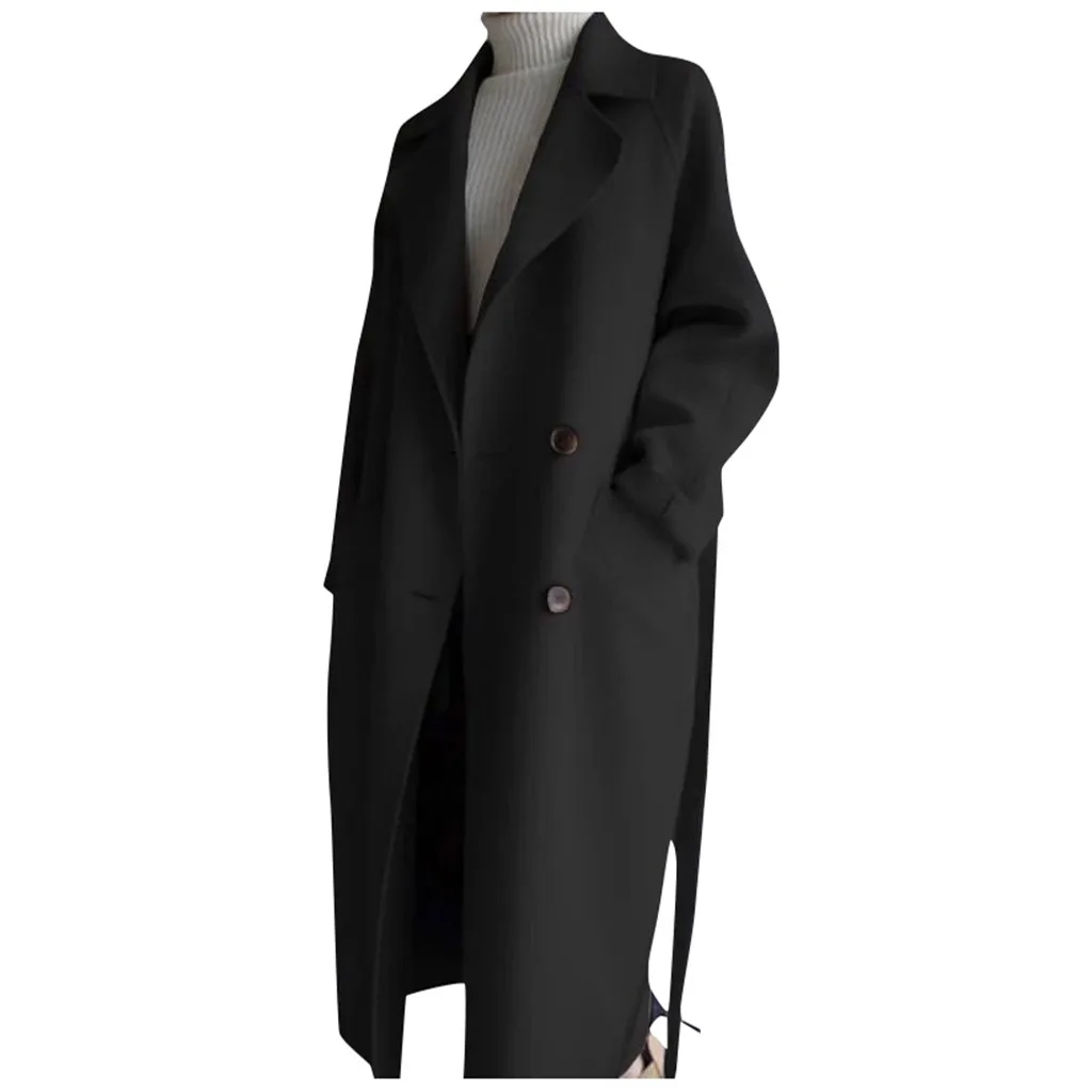 Осенне-зимнее женское пальто, одноцветные шерстяные куртки, женское элегантное двубортное длинное пальто, Дамская верхняя одежда размера плюс с поясом#1017