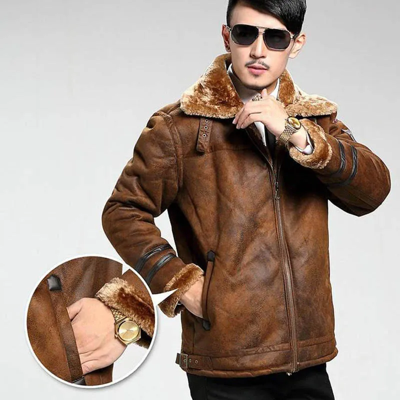 Winter Fashion Mens Stand Collar Coats High Quality Thick Fur Lining  Jackets Suede Leather Warm Winter Jacket Vintage Coat