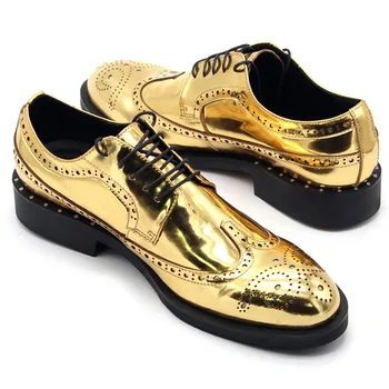 

Mens Runway Wedding Golden Dress Lace Up Wing Tip Brogue Shoes Top Quality Leather Block Heels Office Party Formal Sapatos