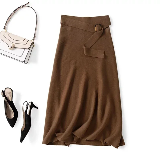 Женская юбка, осень и зима, новая вязаная юбка с поясом, коричневая юбка - Цвет: Коричневый