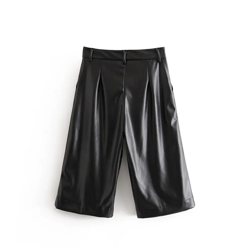 Женские однотонные повседневные штаны в английском стиле из искусственной кожи средней длины с карманами для отдыха P585