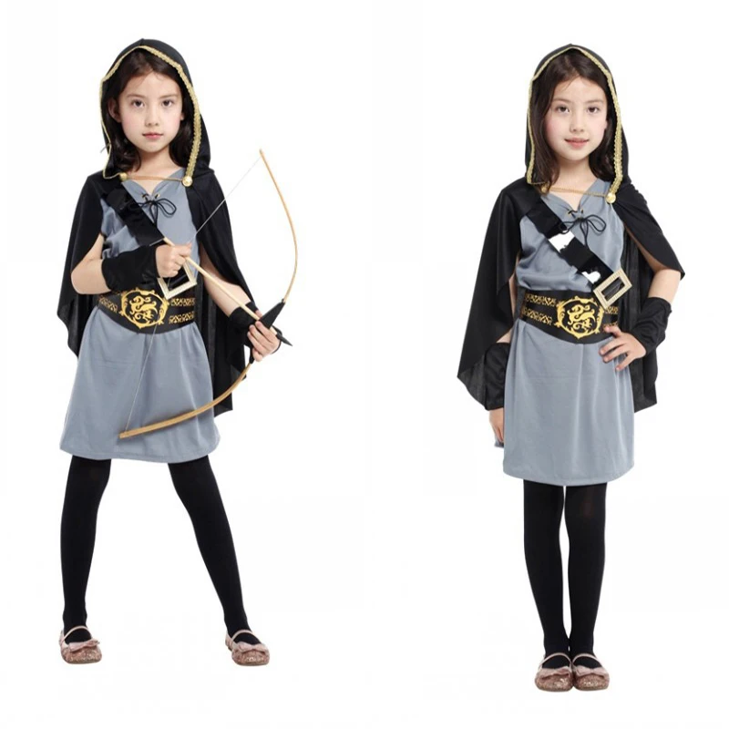 

Kids Hooded Archer Huntress Costume for Girls Medieval Warrior Knight Clothes Halloween Dress Purim Carnival Party Suits