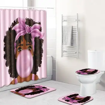 

4Pcs/Set Carpet Bathroom Foot Pad African Woman Bath Mat and Shower Curtain Set PVC Toilet Toilet Seat Covers Home Decor