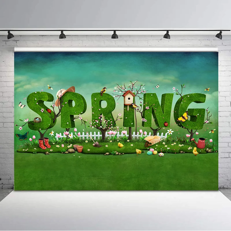 

Easter Eggs Backdrop Spring Green Lawn Photography Backdrops Straw Hat Birdhouse Children Birthday Photography Background
