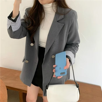 

BornSra 2020 Spring Blaser Office Ladies Blazer Jackets Double-breasted Women Suit Jackets Loose Pockets Female Blazers Femme