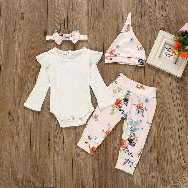 

Autumn Baby Girl Long Sleeve Rompers Tops Floral Trousers Beanie Hat Headband Outfits Clothing Set