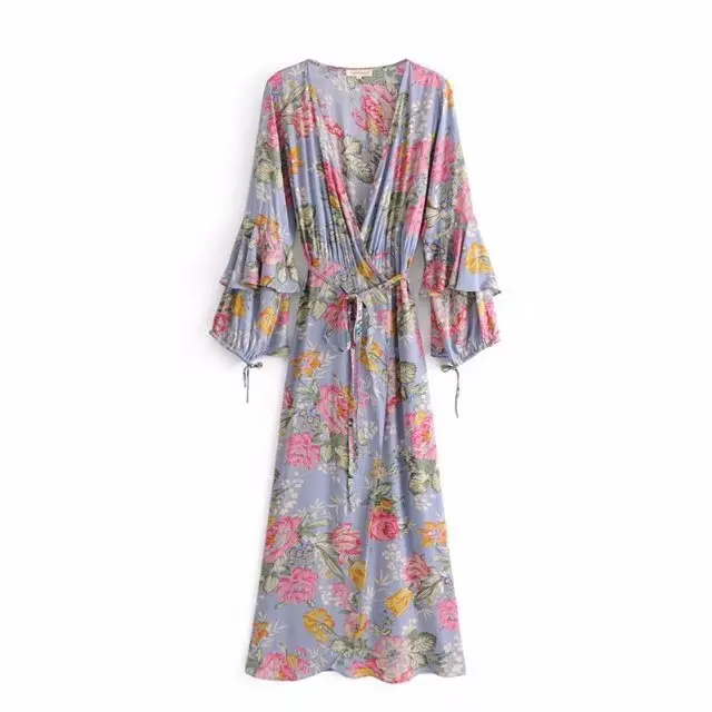 

2018 Spring And Summer New Style Cross V-neck Positioning Floral Print Long Sleeve Large Long Skirts Women's 8010